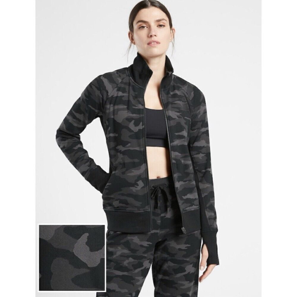 Athleta Triumph Camo Full Zip Sweater Track Jacket Black Medium Tall